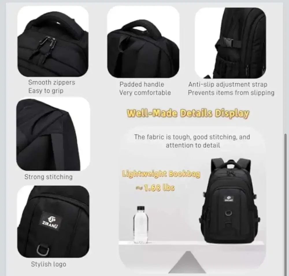 ZIRANU‎ Casual Water Resistant School Backpack for Teens Boys, 18.89